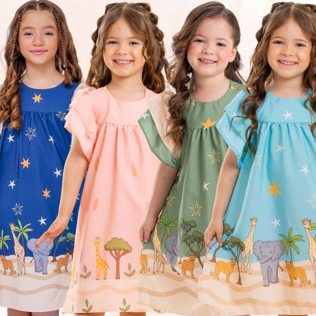 Vestido Infantil Estampado Colorido Menina Dia das Crianças De Manguinha Blogueirinha Tiktok