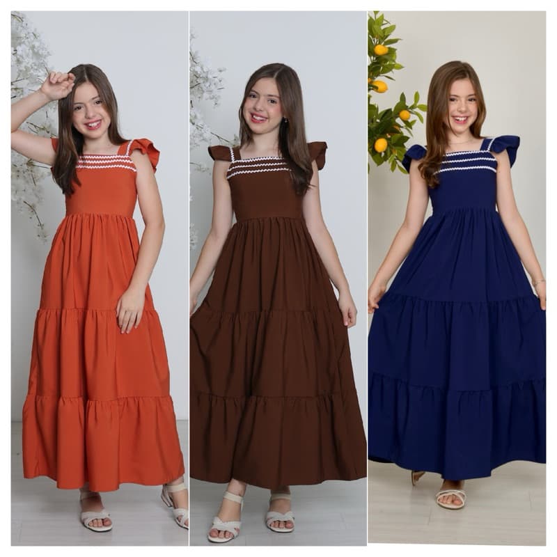 Vestido Longo 3 Marias liso Babadinho infantil juvenil menina rendado