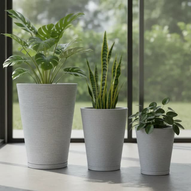 Vasos para Plantas Decorativo Polietileno Kit com 3 Coluna Redonda Escovado com prato coletores N1 N2 N3