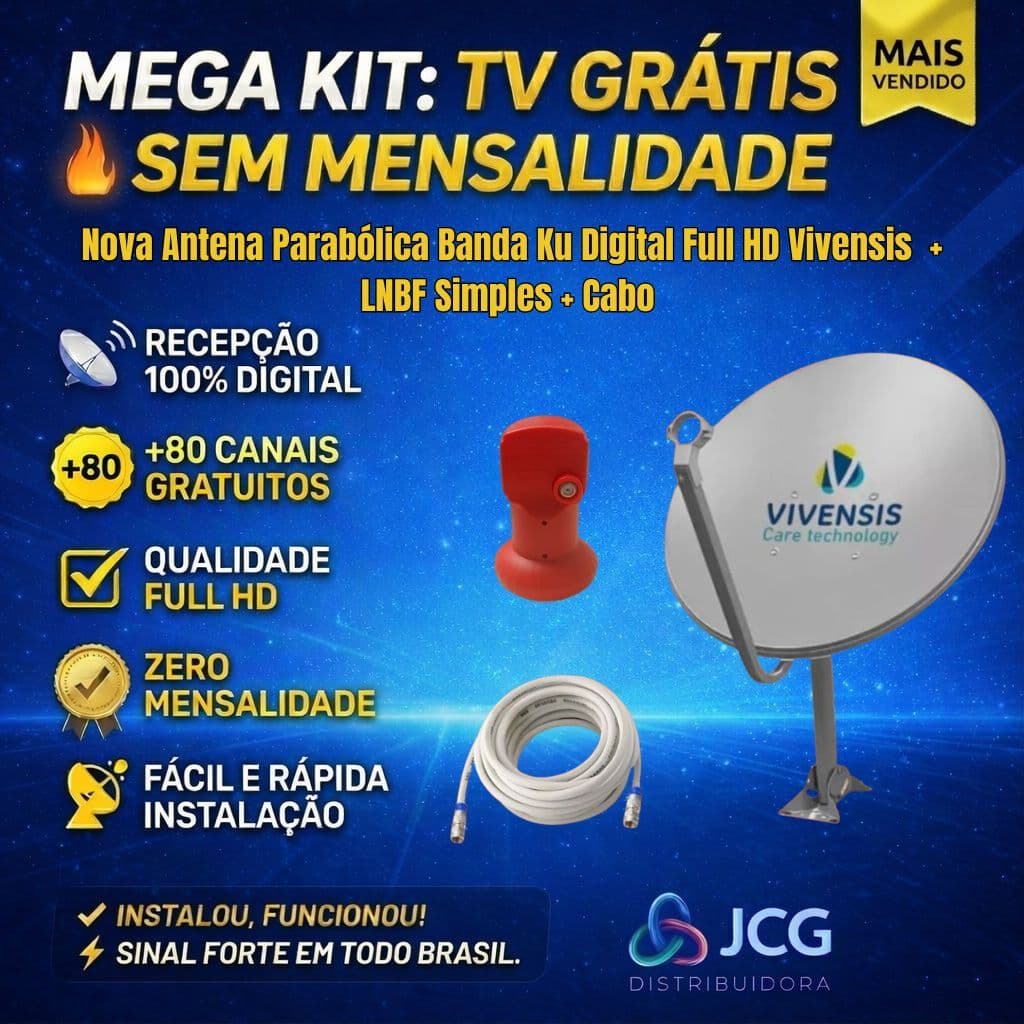 Nova Antena Parabólica Banda Ku Digital Full HD Vivensis 60 cm + LNBF Simples + Cabo 15mts
