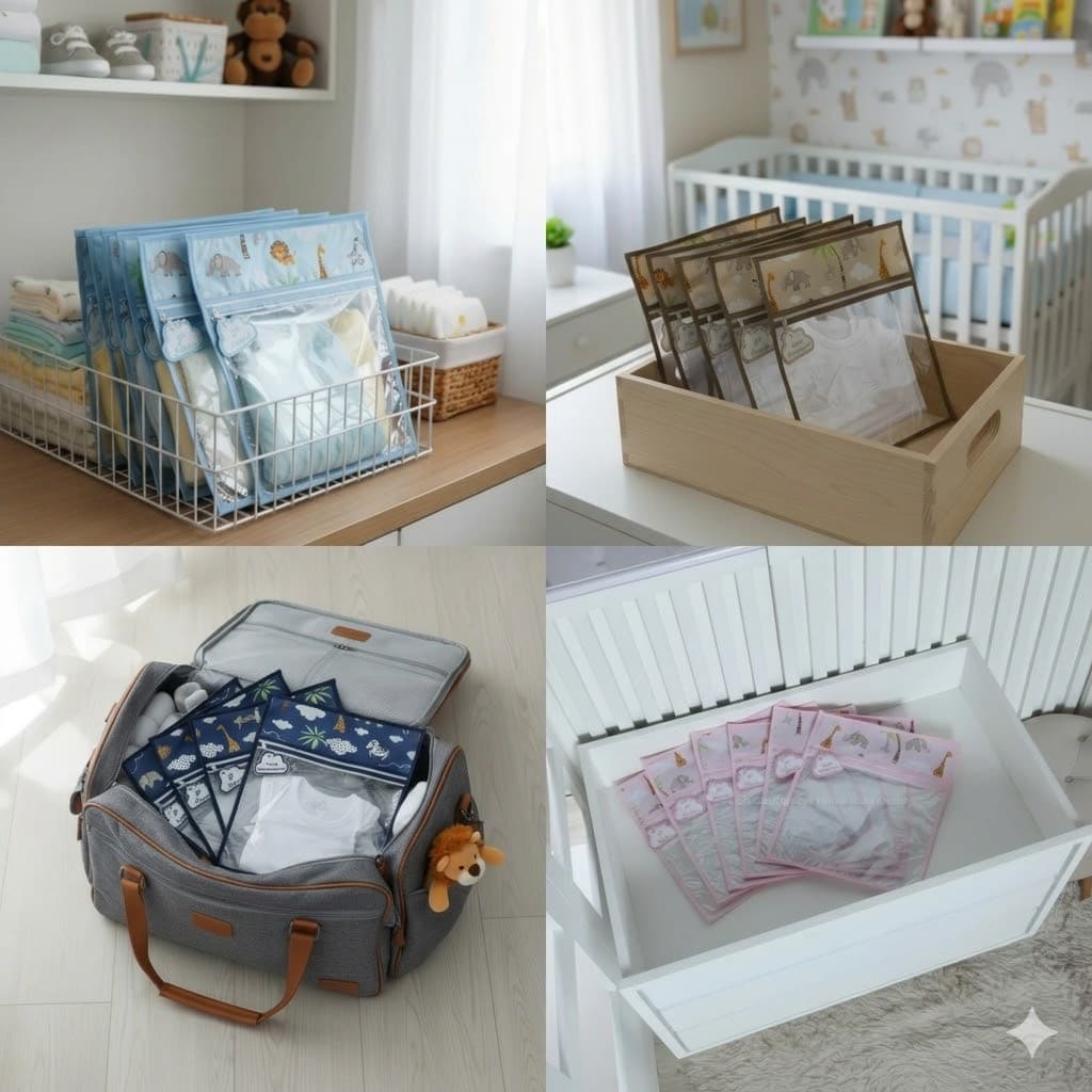 Kit c/6 Saquinhos Organizadores para Maternidade Organizadores em Plástico + Tags Bordadas Safari