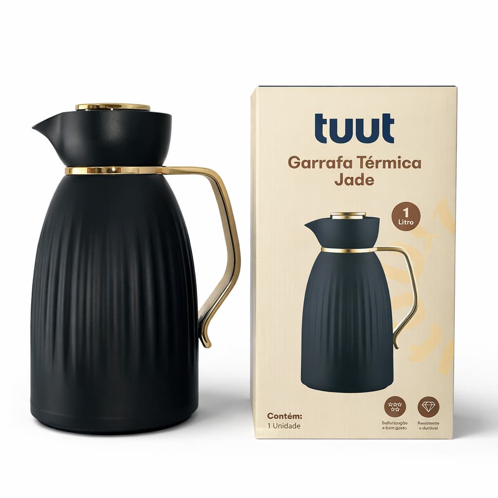 Garrafa Térmica Jade Luxo 1L Ampola de Vidro Abertura de Click Café Chá Preta com Alça Dourada + Book