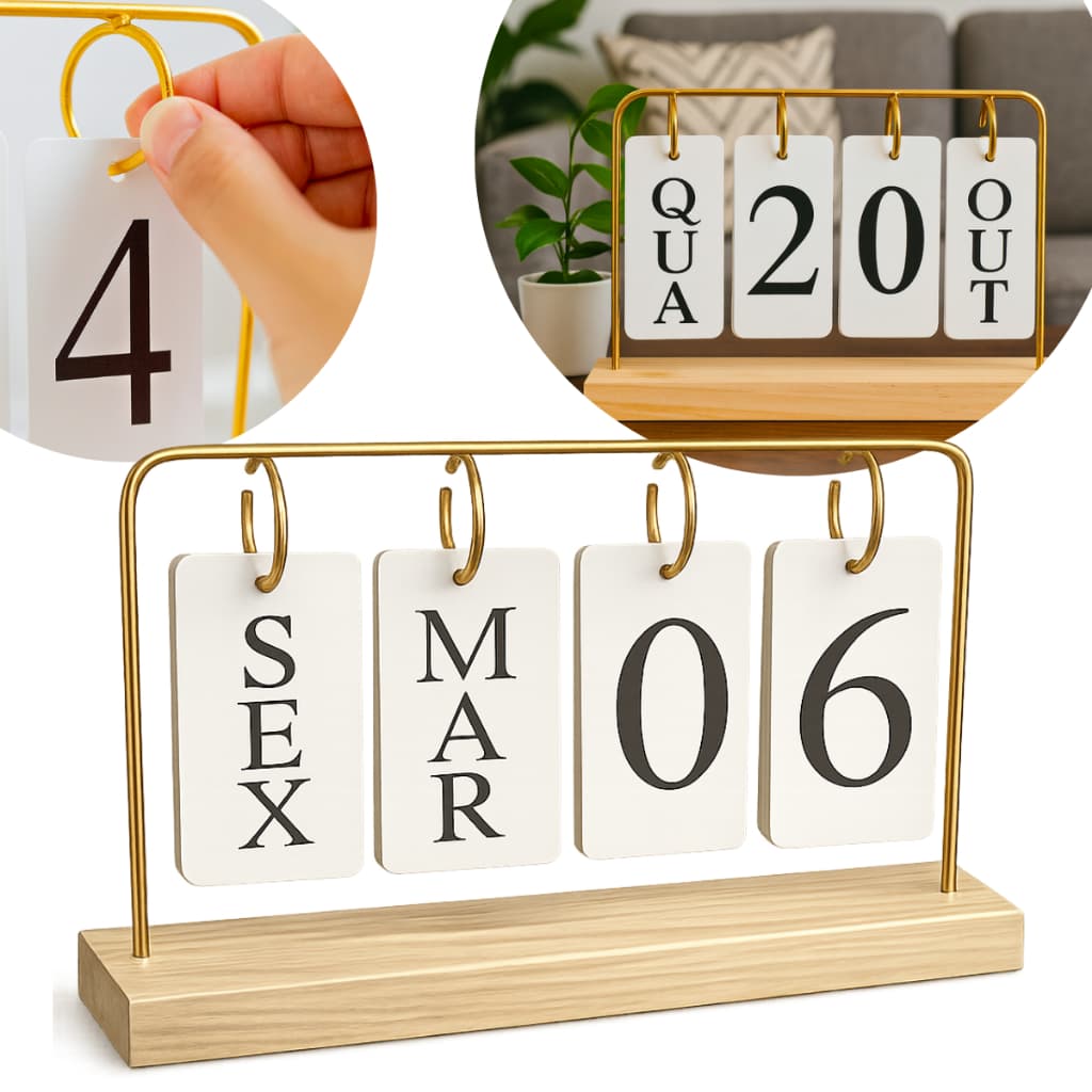 Calendário De Mesa Decorativo Com Plaquinhas Dourado Permanente Escritório Decoração Luxo