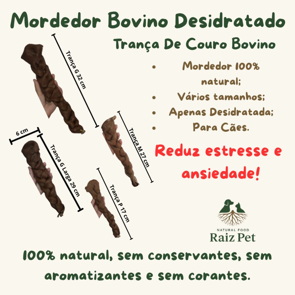 Mordedor Natural para Cães Trança de Couro Bovino Desidratado - Petisco Natural Resistente - Auxilia na Limpeza Dental