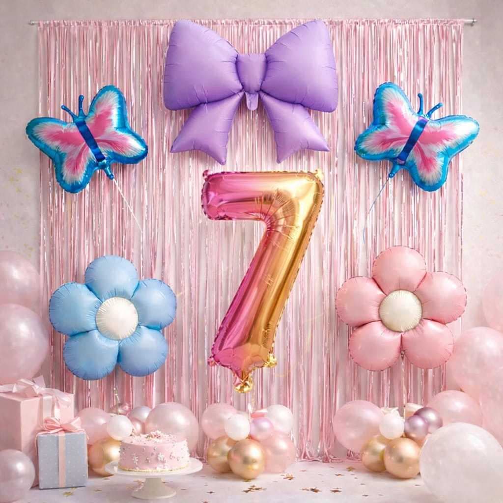 Kit Decoração Festa c/ cortinas, balão número, balões flor, borboleta e laço, aniversários, mesversário, comemorações