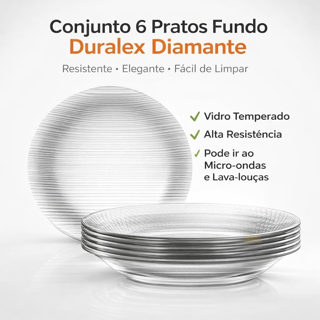 Kit 6 Pratos Fundos Duralex Diamante Nadir Vidro Temperado Resistente Original