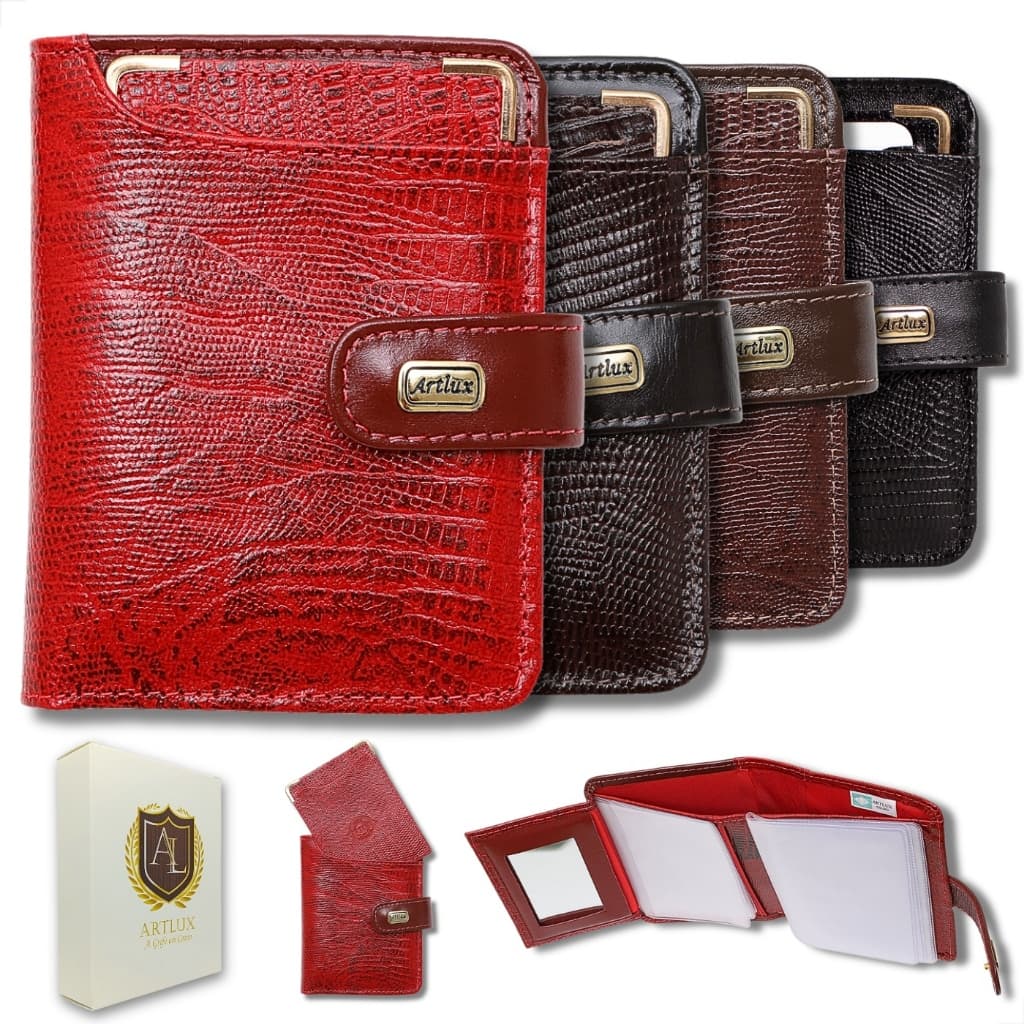 Carteira Feminina Artlux 033 Em Couro Legítimo Lezard Com Espelho Porta Moedas Porta cartão removível fivela