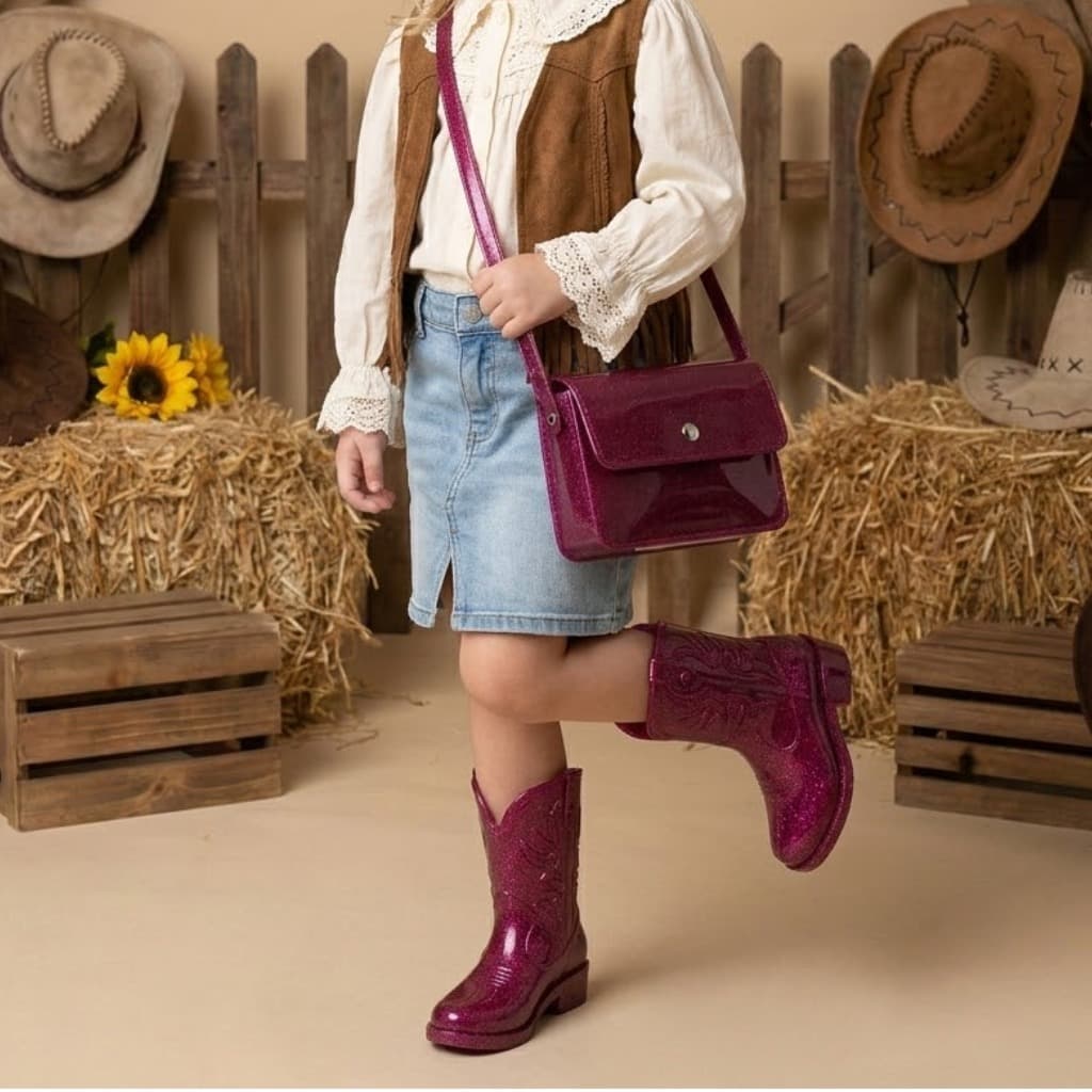 Kit Bota Infantil Feminina Texana Cano Alto Boiadeira Rodeio + Bolsa PVC Transversal Brilhante