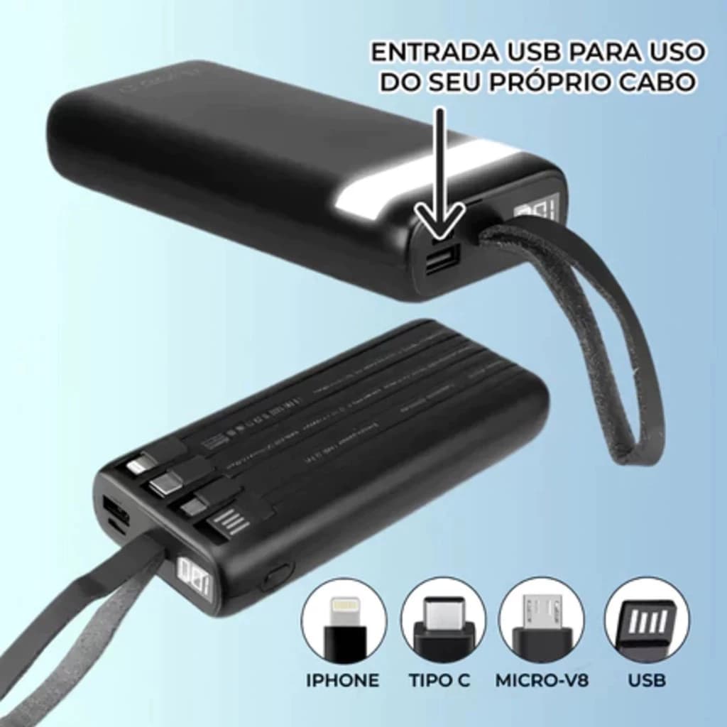 Power Bank Universal de 20.000mAh Carregador Portátil para Android e iOS, Inclui Lanterna Integrada