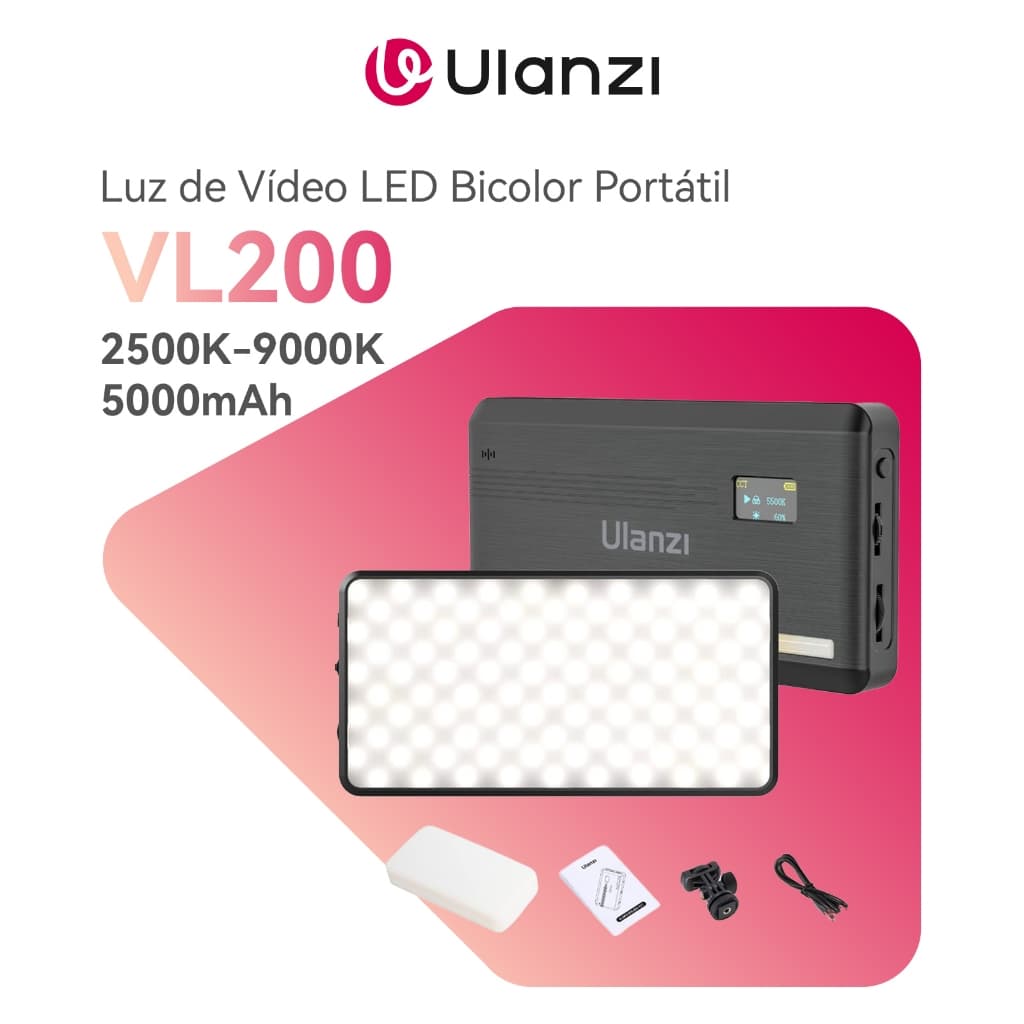 ULANZI VL200 Luz de Vídeo LED Bi-Color 2500–9000K Luz Recarregável 5000mAh USB-C para Foto e Vídeo