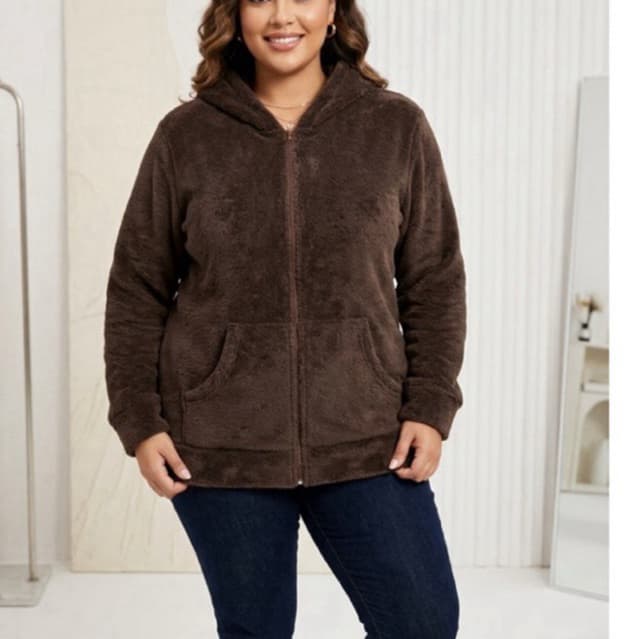 Blusa Casacos Feminina PLUS SIZE Pelúcia Felpuda Manga Longa Com Zíper Touca detalhe Bolso