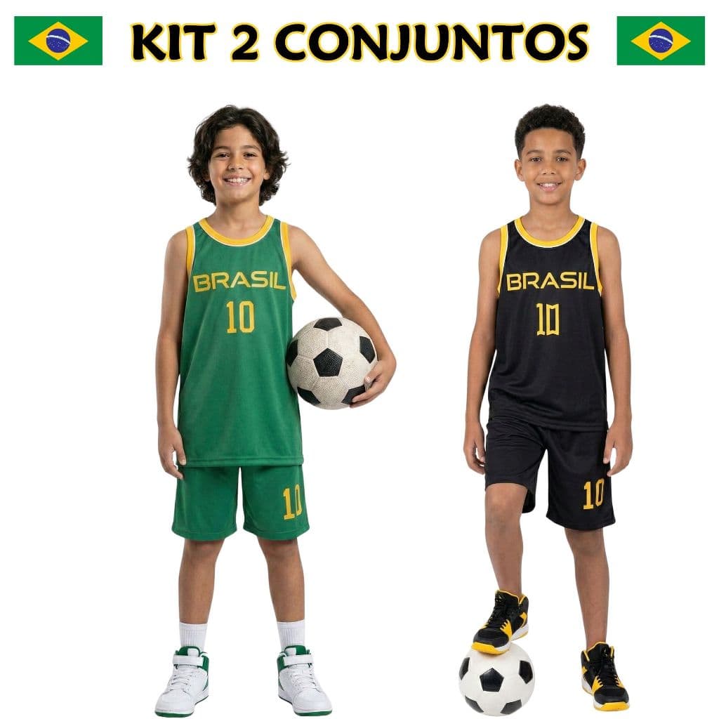 Kit 2 Conjunto Infantil Brasil Copa 2026 Futebol Regata + Short Menino 6 a 12 Anos
