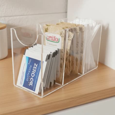 Porta Açúcar com 3 Divisórias em Acrílico Transparente Adoçante Mexedor Cantinho Café Decoração
