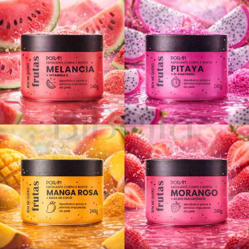 Kit com 4 Esfoliantes Cheiro de Fruta Porán - Melancia - Pitaya - Manga Rosa - Morango - Corporal e Facial
