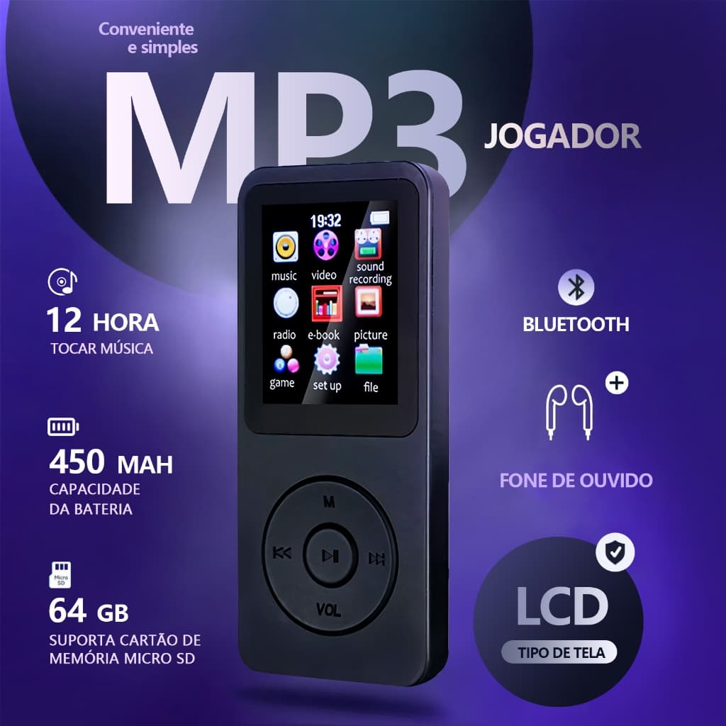 Leitor De Mp3 E Mp4 Com Tela De 1,77'' Bluetooth Players