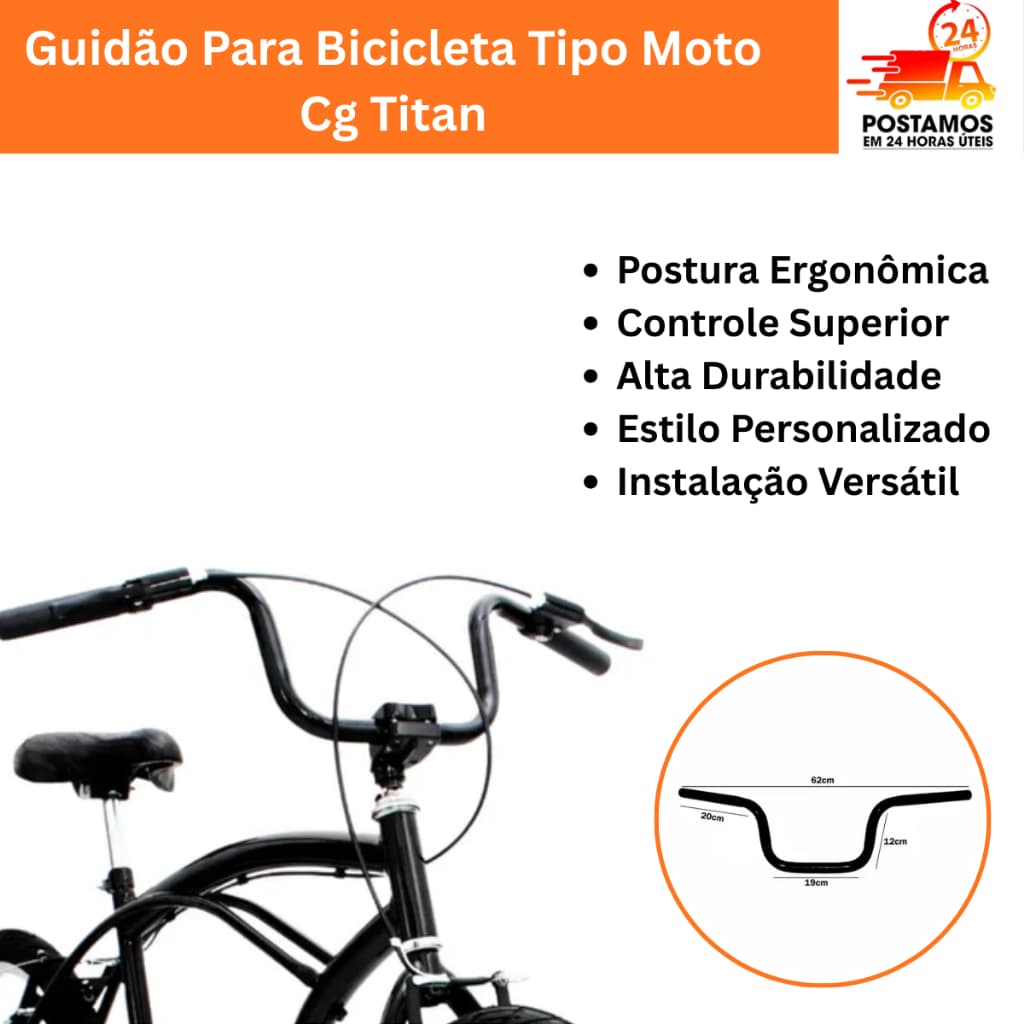 Guidão Preto Curvo Tipo CG Moto Preto Para Bicicleta Bike Tropical 620mm x 22.2mm
