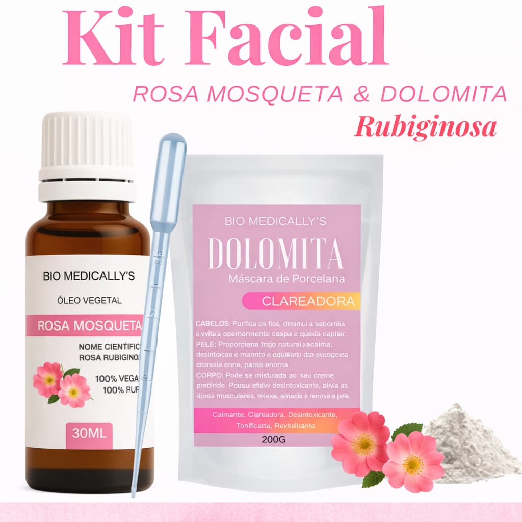 Kit Skin Care Óleo Vegetal Rosa Mosqueta Rubiginosa 30ml + Dolomita Clareadora 200g +Pipeta (3PEÇAS)
