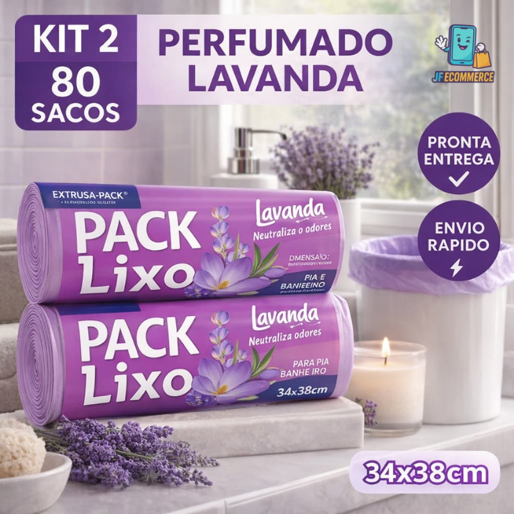 Kit 2 Sacos de Lixo Perfumados Lavanda Anti Odor 80 Sacos Pia e Banheiro 34x38cm Neutraliza Odores
