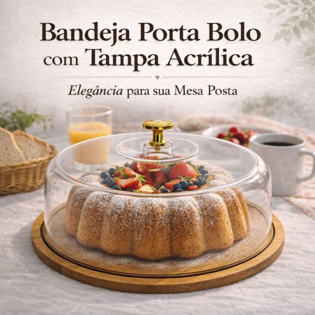 Bandeja Porta Bolo 28cm com Tampa Acrílica Boleira Redonda Bambu MDF Mesa Posta para Bolos e Doces