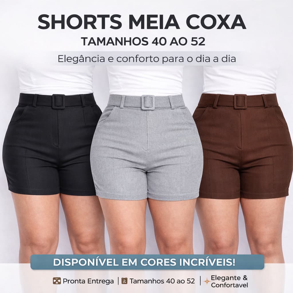 Short Feminino Bengaline Plus Size Cintura Alta com 2 Cintos Dourados | Tamanhos 42 ao 52