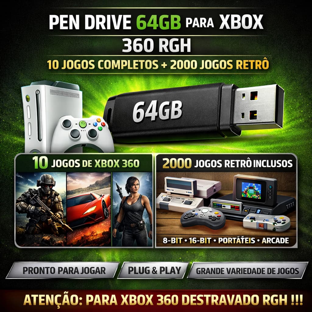 Pen Drive 64GB para Xbox 360 RGH | 10 Jogos Completos + 2000 Jogos Retrô