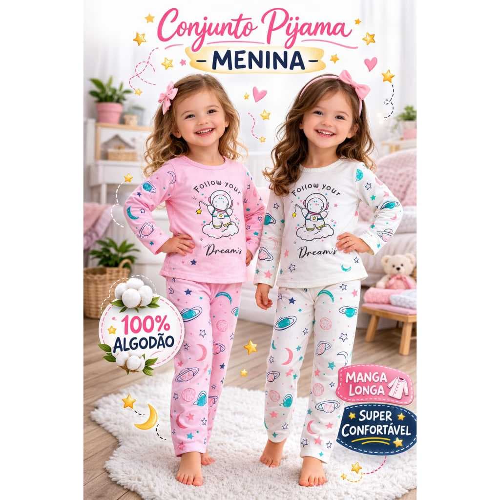 Conjunto Pijama Infantil Menina Manga Longa 100% Algodão