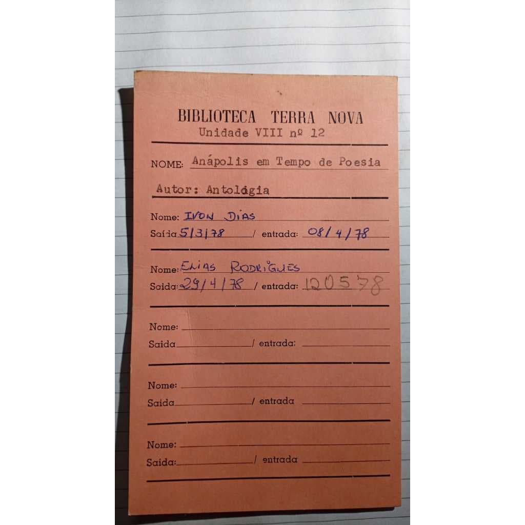 Ficha de empréstimo da Biblioteca Terra Nova – “Anápolis em Tempo de Poesia” (1978)