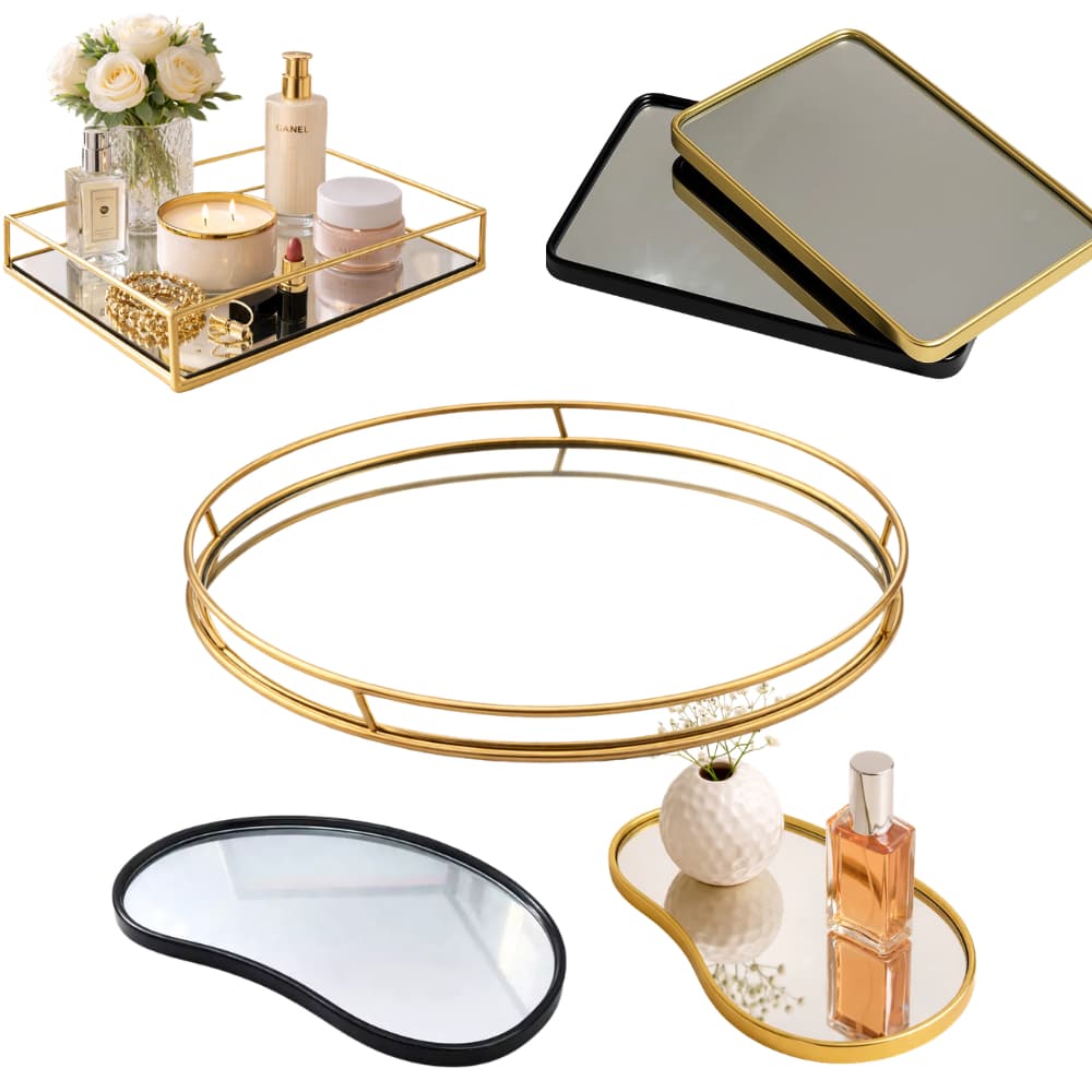 Bandeja Decorativa Espelhada Dourada Retangular Redonda Multiuso Banheiro Lavabo Sala Quarto Porta Maquiagem