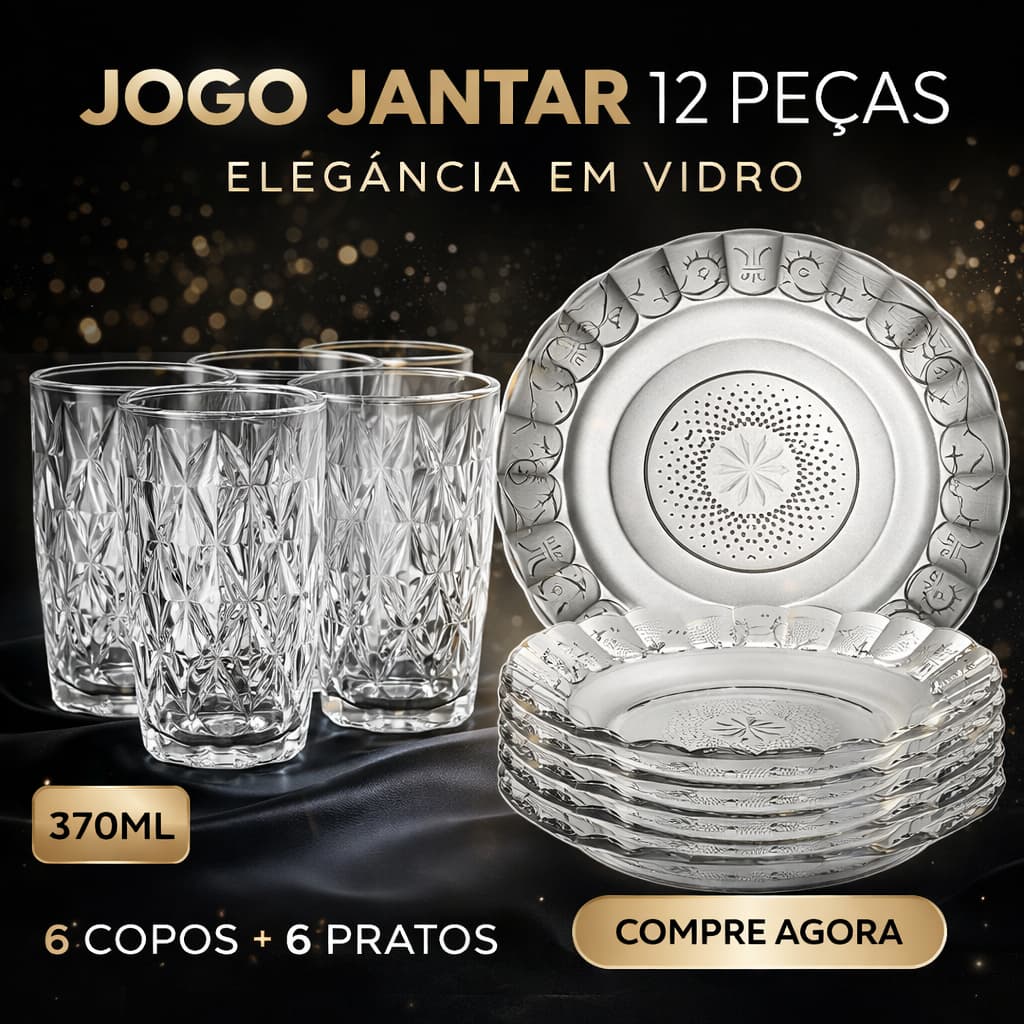 Jogo Jantar 12 Peças Com 6 Pratos Fundo + 6 Copos Diamante
