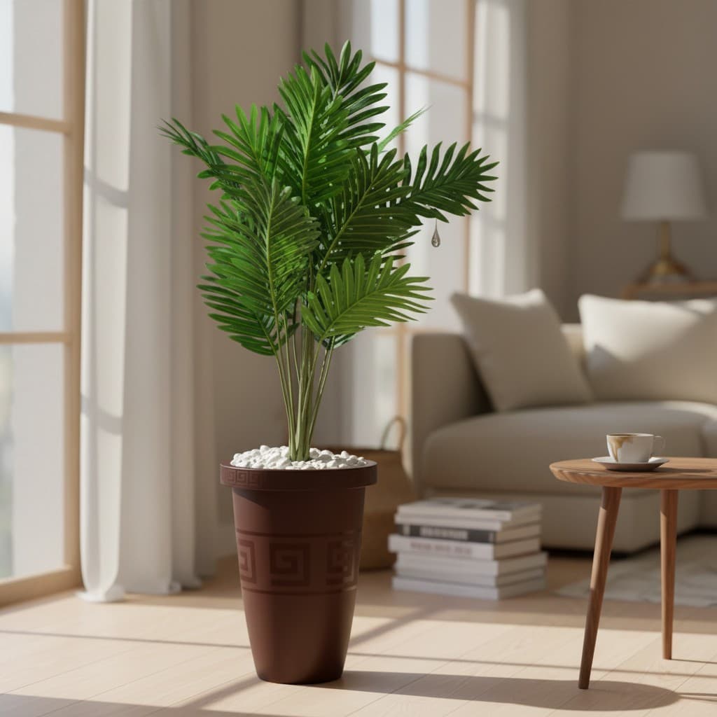 Planta Artificial Palmeira Grande 18 Folhas + Vaso Decorativo + Pedras Brancas