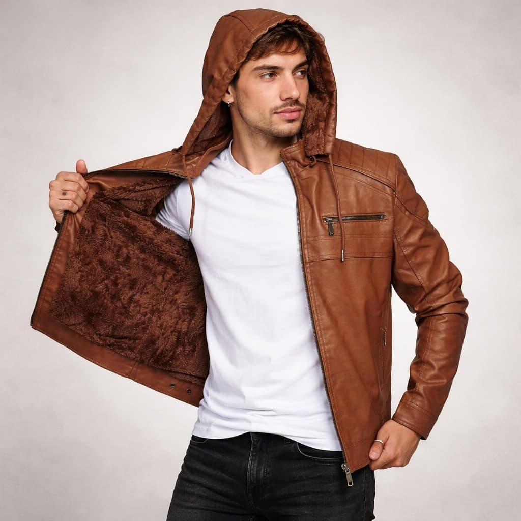 Jaqueta Masculina Couro Ecológico Forrada Inverno Motoqueiro com Capuz Removível