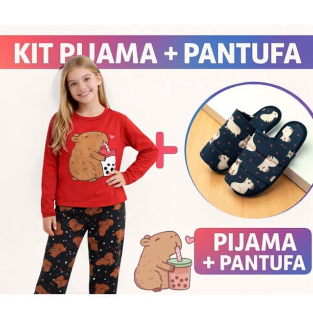 kit Pijama capivara longo infantil + pantufa feminina juvenil de menina