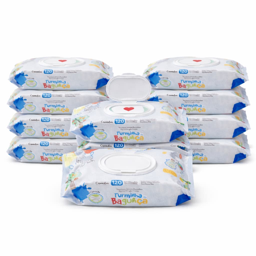 Kit 10 Pacotes Toalhas Umedecidas TURMINHA DA BAGUNÇA 120 Folhas 19x13 cm Com Tampa Flip Top