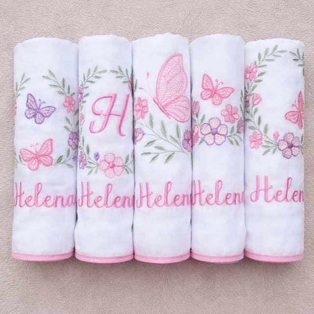 Kit 5 Fraldas de Pano Personalizadas Borboletas 70x70 – Bebê Enxoval Bordado
