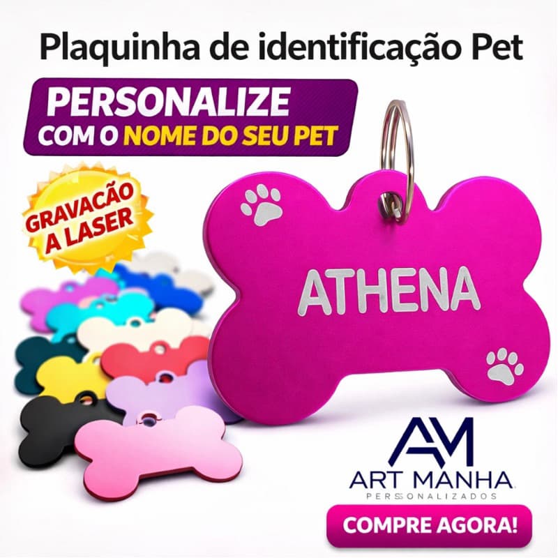 Plaquinha de Identificação de Pets Cachorro e Gatos Gravação de nome e telefone
