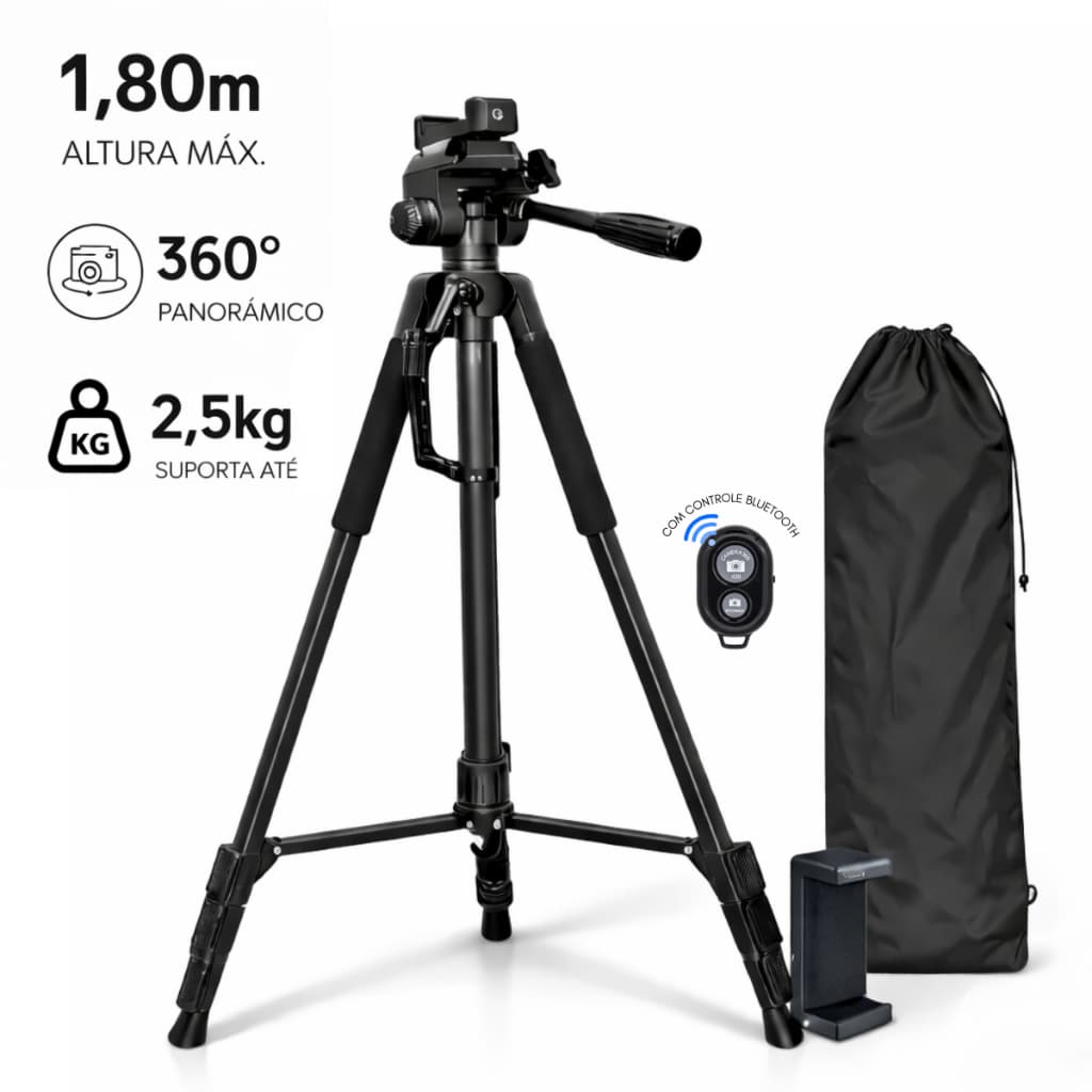 Tripé 1,80m Universal Câmera Canon Nikon Sony Suporte para Celular até 2,5kg Bolsa para Transporte