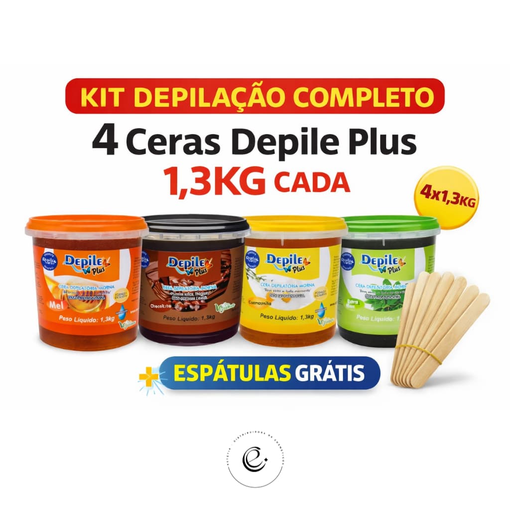 Kit 4 Ceras Depile Plus 1,3kg Profissional Hidrossolúvel + Brinde Espátulas Depilação