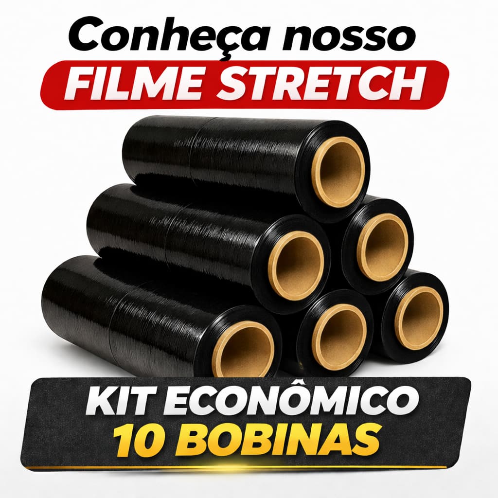 Kit 10 Bobinas Filme Stretch Preto 50cm x 25 micras - 400 metros por bobina - Atacado