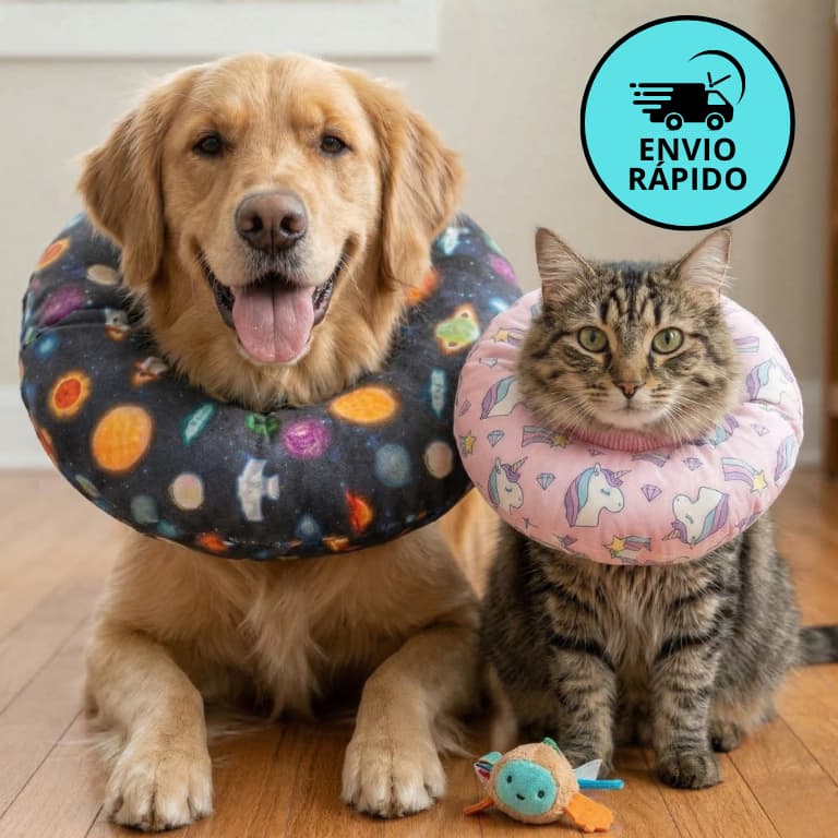 Colar Elizabetano Fofinho Pet Pós-Cirúrgico Ajustável Macio para Cães e Gatos Estampado P ao GG