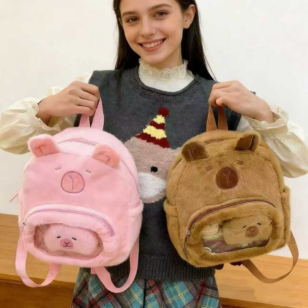 Mochila Infantil Feminina em Pelúcia Capivara Fofa e Aconchegante