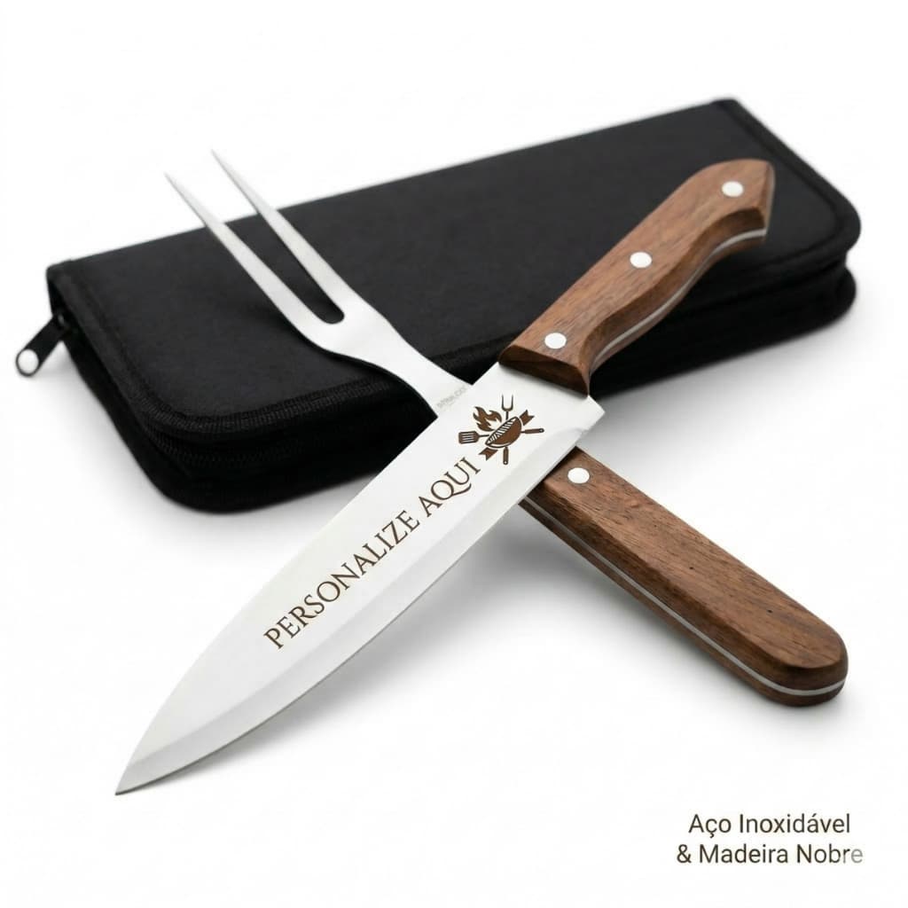 Kit Churrasco Personalizado Faca e Garfo 2 Peças em Aço Inox com Estojo | Gravação a Laser Nome ou Logo Presente