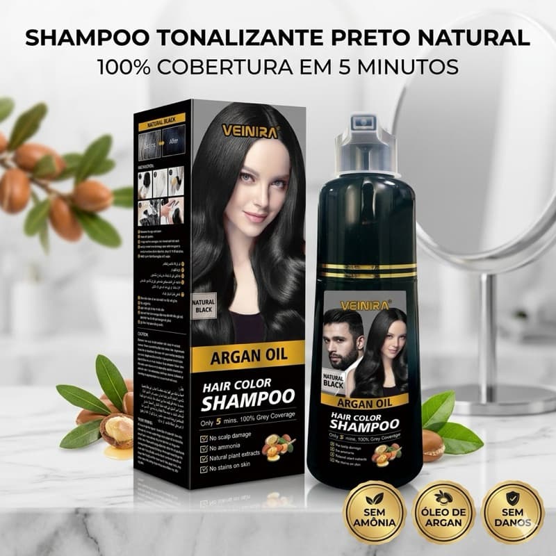 Shampoo Profissional Tonalizante com Tintura Preto ou Castanho  Natural 400ml – Sem Amônia – Veinira