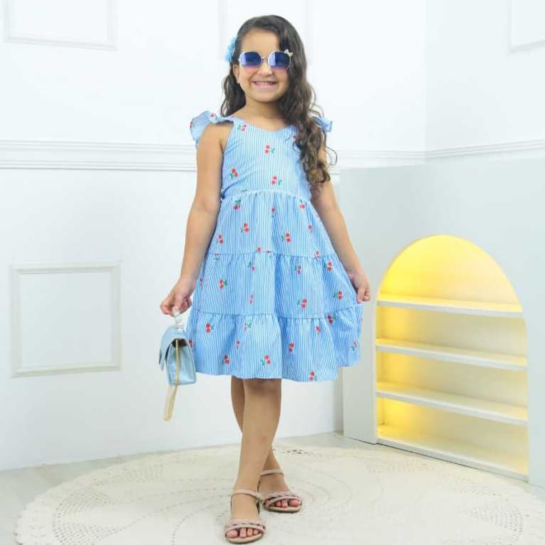 Vestido Infantil Menina– Listras + Cerejas, Saia 3 Marias, tamanhos: 2 ao 10 a