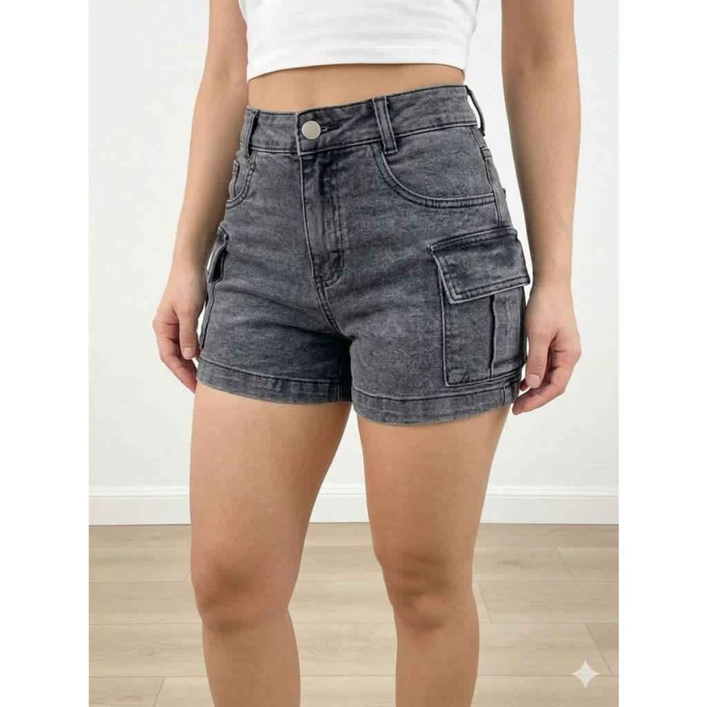Short CargoJeans Feminino Cintura Alta Levanta Bumbum Com Lycra Bolso Na Lateral