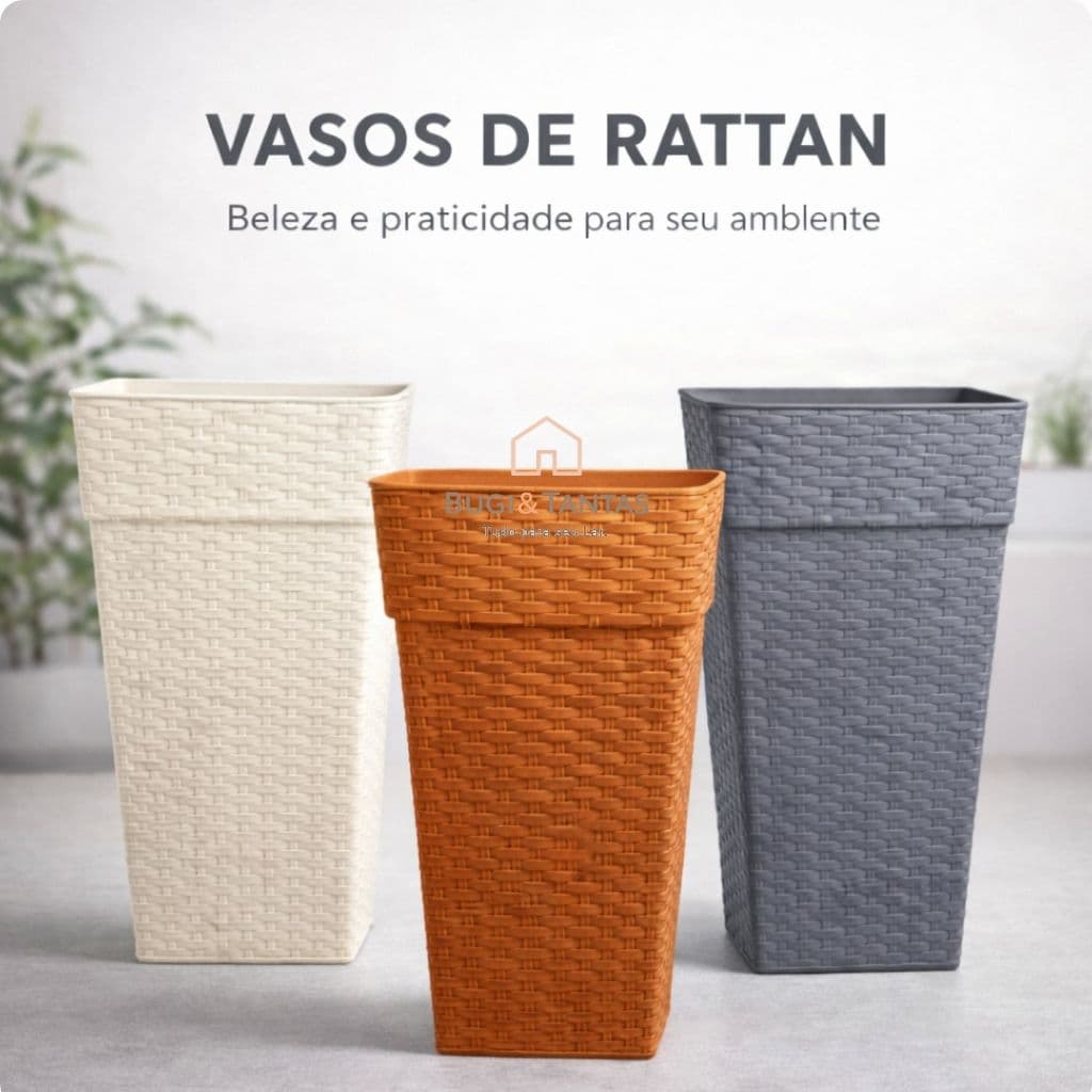 Vaso de Planta Decorativo Em Polietileno 10 Litros Rattan Quadrado Pequeno Branco, Cinza e Marrom