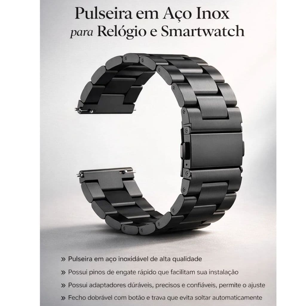 Pulseira Relógio e Smartwach 24mm Aço Inox com Pinos de Engate Rápido