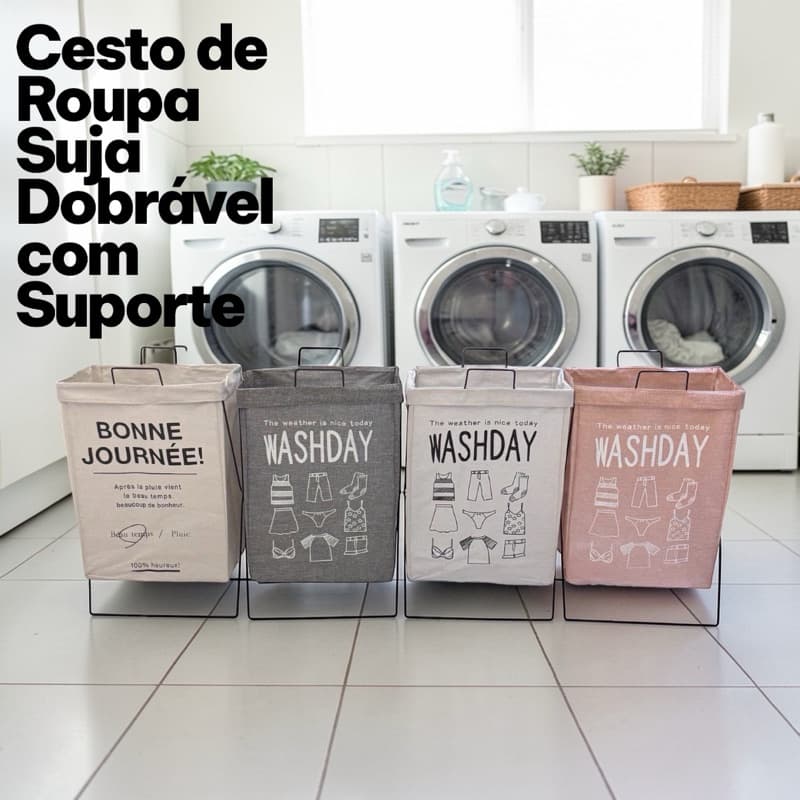 Cesto de Roupa Suja com Suporte de Ferro Dobrável Organizador Lavanderia