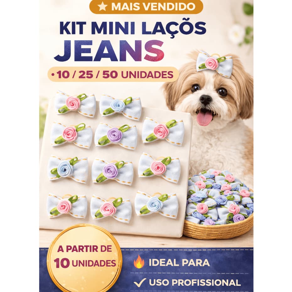 Kit Mini Laços Pet Jeans com Rococó (10/25/50 Unidades) – Laço para Cachorro Pequeno | Shih Tzu, Lhasa Apso | Pet Shop