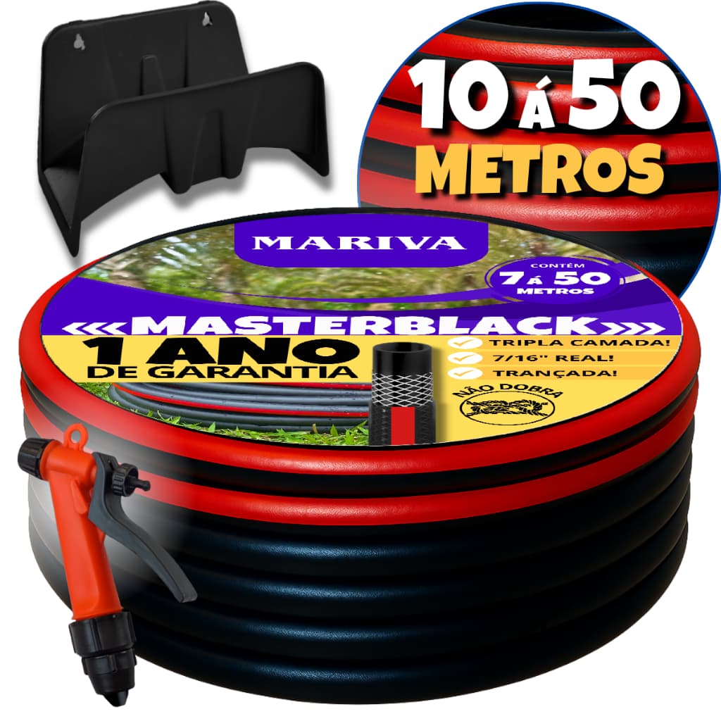 Mangueira de Jardim com Suporte Preto - Acompanha Gatilho, União para Torneira Trançada by