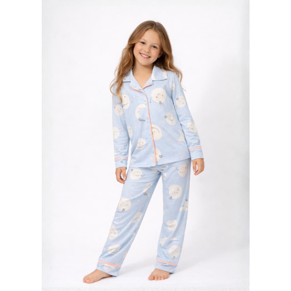 Pijama Americano Longo Infantil e Juvenil Menina em Algodão - Lua Azul